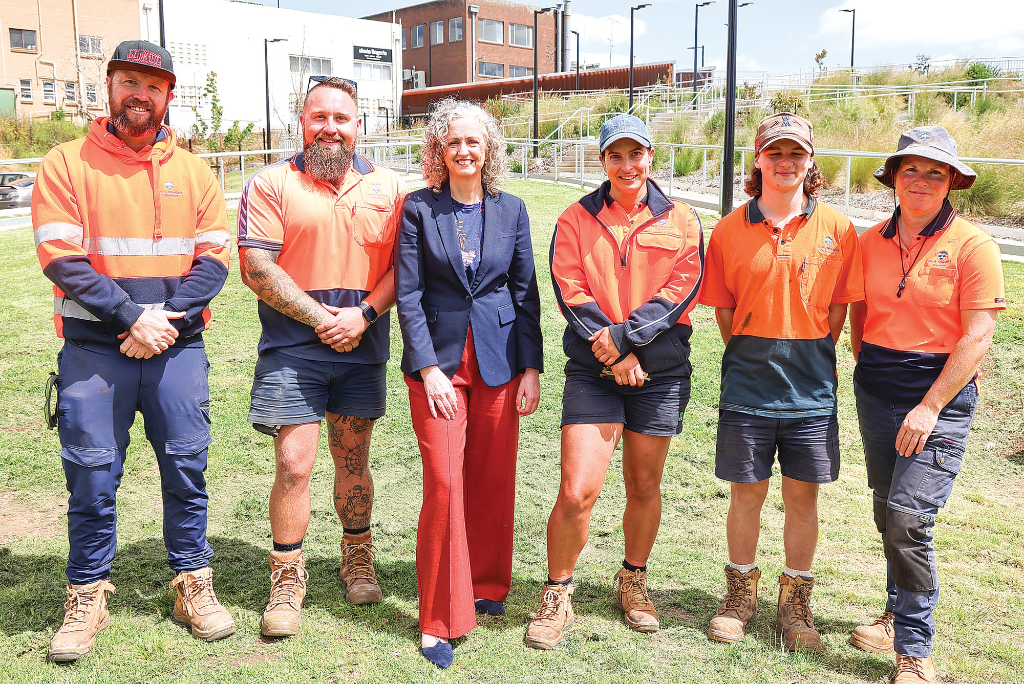 South Gippsland Shire Parks and Gardens team, who helped create the space with Senator Jess Walsh, from left, Mat, Shaun, Julia, Cody and Sarah. C10_4625