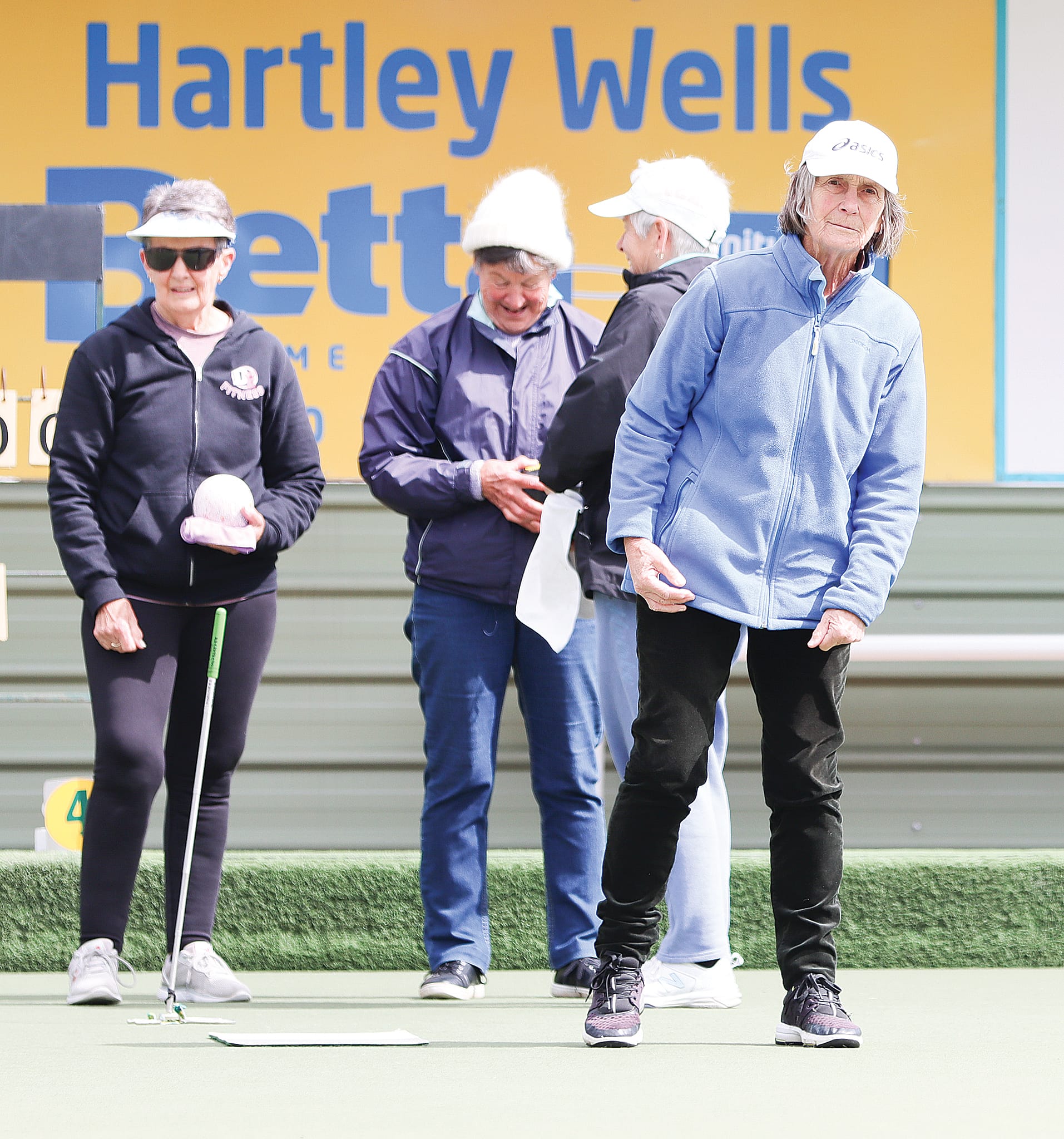 Jeanette watches the result of her efforts intently, while others enjoy the social side of the game during Monday’s roll-up at Leongatha Bowls Club. A04_4625