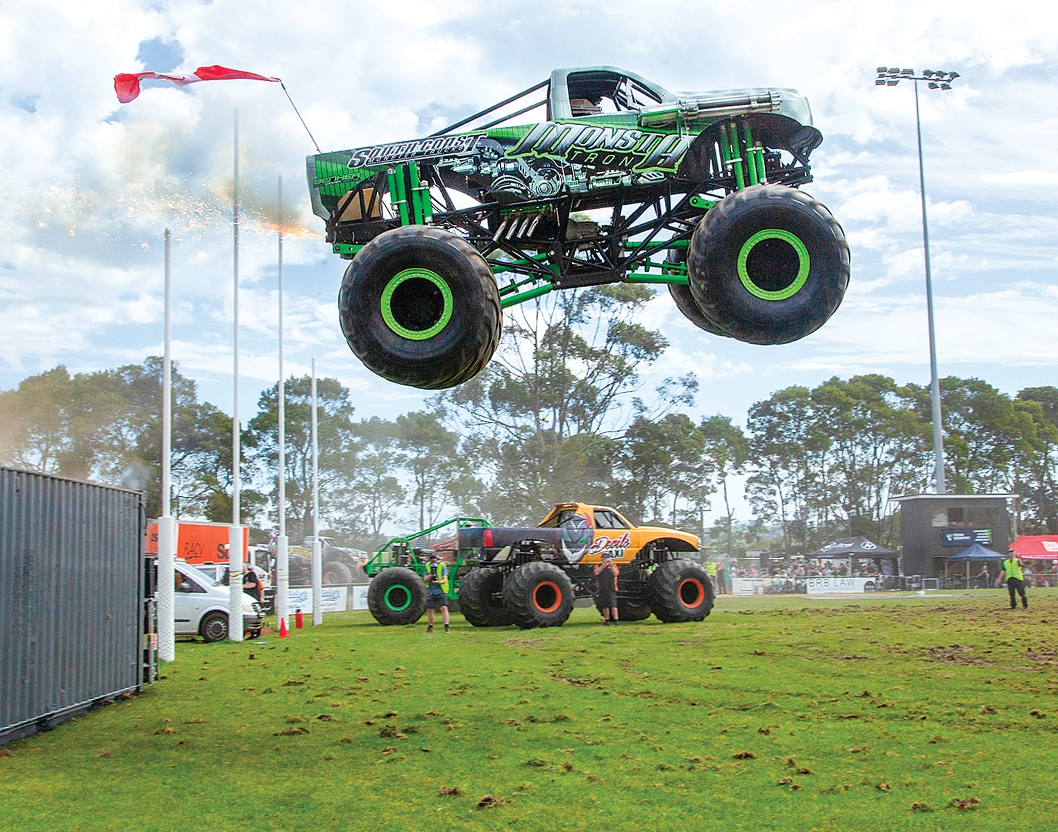 PsychoPAT (Pat Paquet) was behind the wheel of MonstaTron and took to the skies from the shipping container. Photo: Paul Robinson of Poowong.