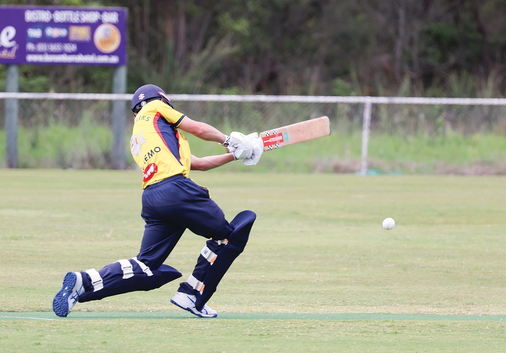 Phillip Island’s Max Arceo stepping well out of his crease for an attacking shot against OMK in Leongatha and District League A1 at Outtrim. B91_4325