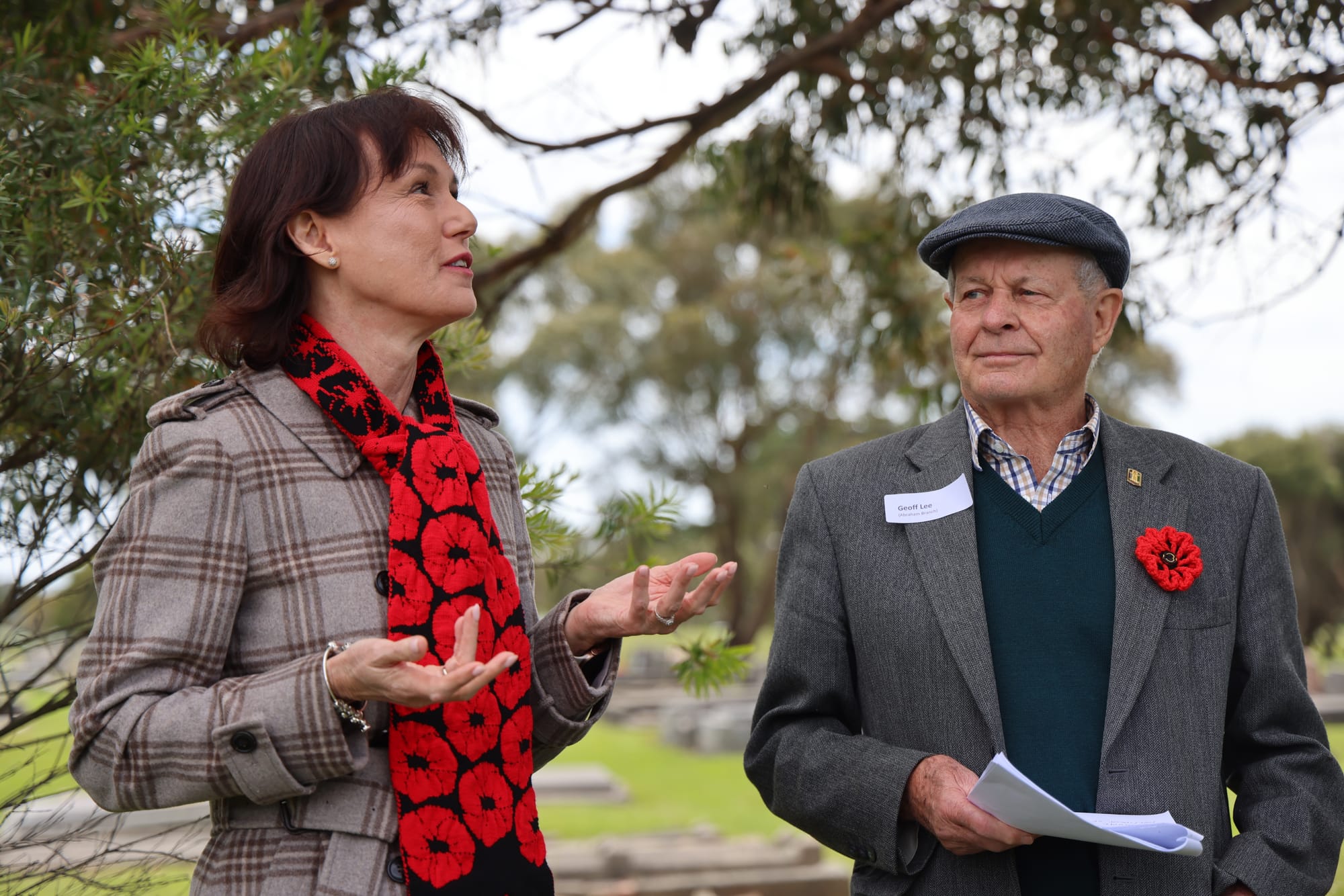 Nationals’ Member for Eastern Victoria Melina Bath MP and Geoff Lee from the Matthews family paying tribute to WW1 veteran Private William (Bill) Abraham Matthews. B40_4625