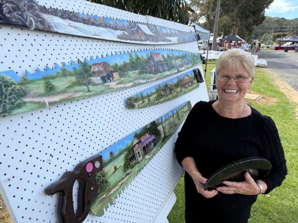 Jeannie Woodward of Chelsea has carried on the family tradition of turning rusty, old saws into artworks, a pastime she used to share with her husband Les. After a lifetime painting on canvass, she’s traded in the linseed oil on a sandblaster, preparing handsaws and circular saws for an artistic makeover.