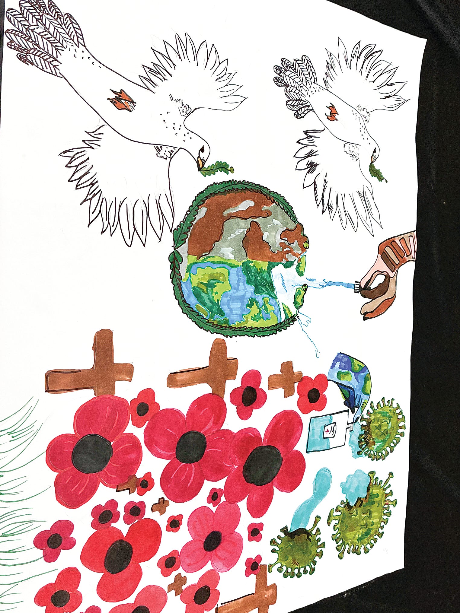 District V3 Peace Poster first runner up Bella from Toora Primary School. The judges said of Bella’s work, “The second prize winner speaks of peace with two doves and shows concern about germs and warfare with sunshine pouring into the world.”
