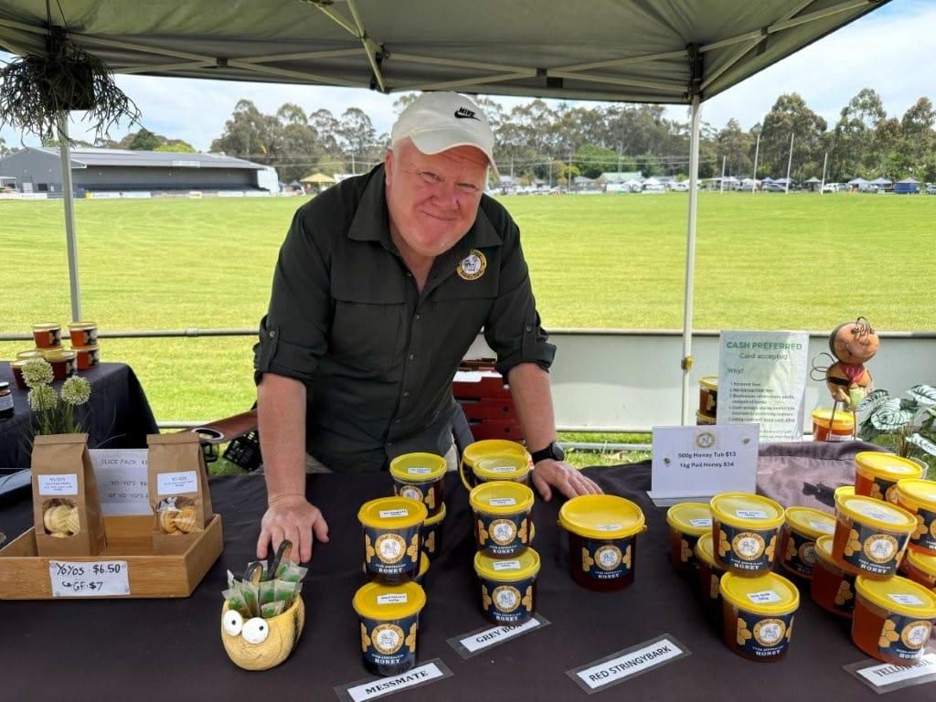 Rob Fisher of the Bluetree Honey Farm at Dumbalk turned out with his produce at the first Prom Market of the season on Sunday on a busy weekend after reopening their farm gate cafe on Sweeneys Road Dumbalk. It’s been a challenging season locally for bees and apiarists with trees and plants being knocked around at the wrong time by the weather, in particular the wind.