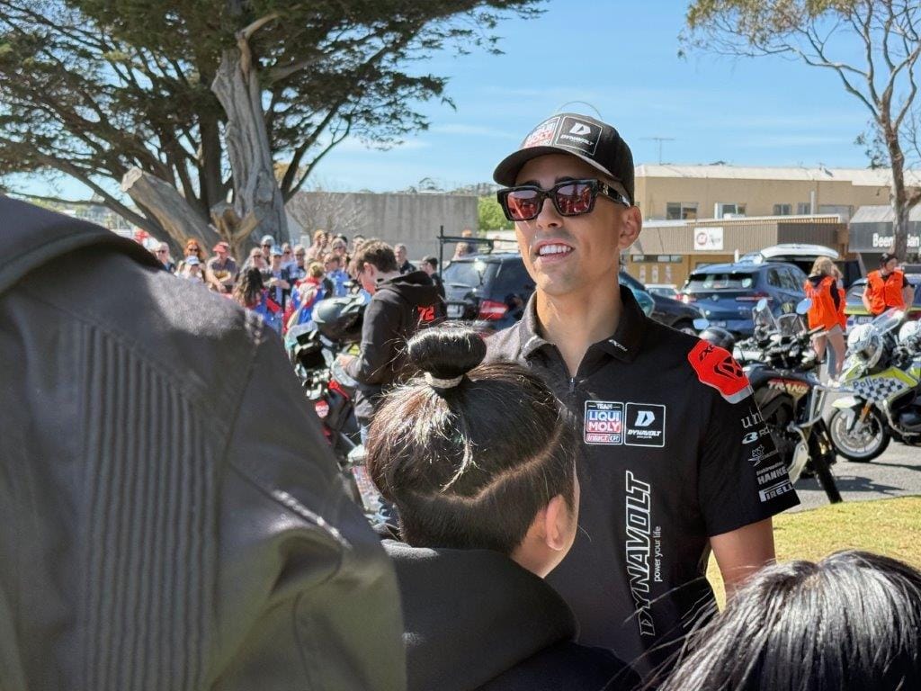 Aussie Moto2 hope Senna Agius chats with the fans at San Remo.