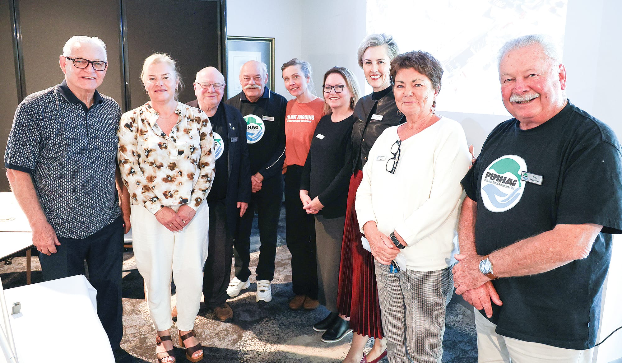 Delighted with the progress being made at the new Phillip Island Community Hospital are members of the Phillip Island Medical and Health Action Group (PIMHAG) and Bass Coast Health (BCH) including PIMHAG Chair Peter Paul, BCH Service Development Director Kerryn Griffiths, PIMHAG committee member Bruce Procter, PIMHAG Treasurer Gary Simmons, PIMHAG Secretary Marney Chadwick, BCH Executive Director of Primary and Community Clinical Services Kirsten Weinzlieri, BCH Interim Chief Executive Officer Simone Alexander, BCH Community Advisory Committee Chair Mim Kershaw and PIMHAG Vice President John Matthews.
