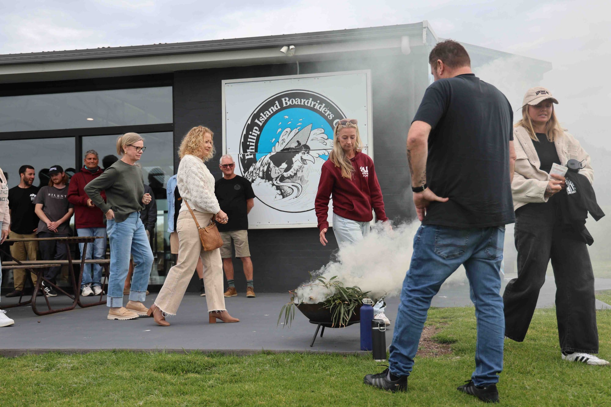 Robert Ogden of the Bunurong Land Council Aboriginal Corporation held a smoke ceremony and issued a Welcome to Country to visiting SUP surfers at the Phillip Island Boardriders' Club.