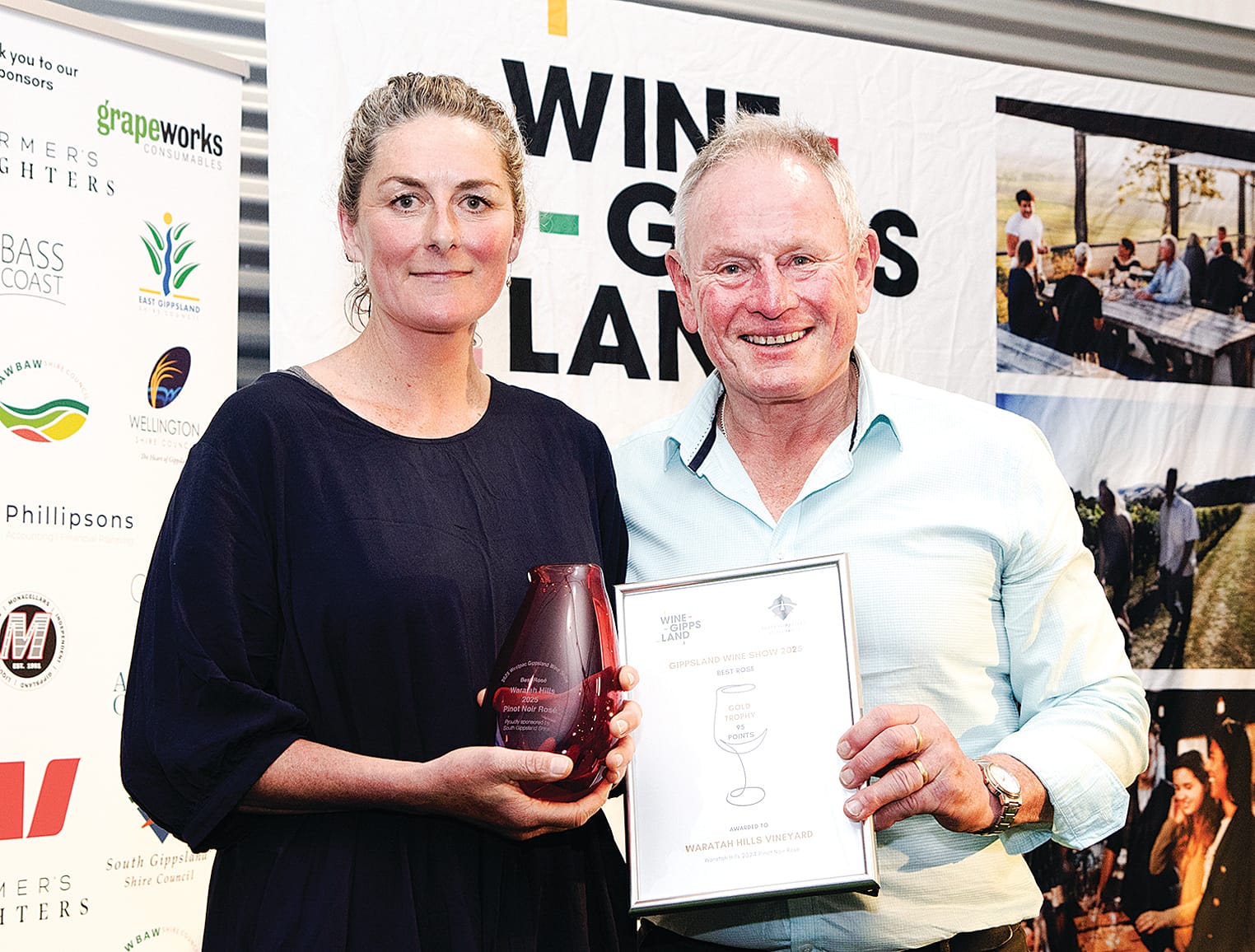 Georgia Roberts accepts the 2025 Best Rosé Trophy and Gold medal from Cr John Schelling, Mayor of South Gippsland Shire Council for the Waratah Hills 2025 Pinot Noir Rosé.